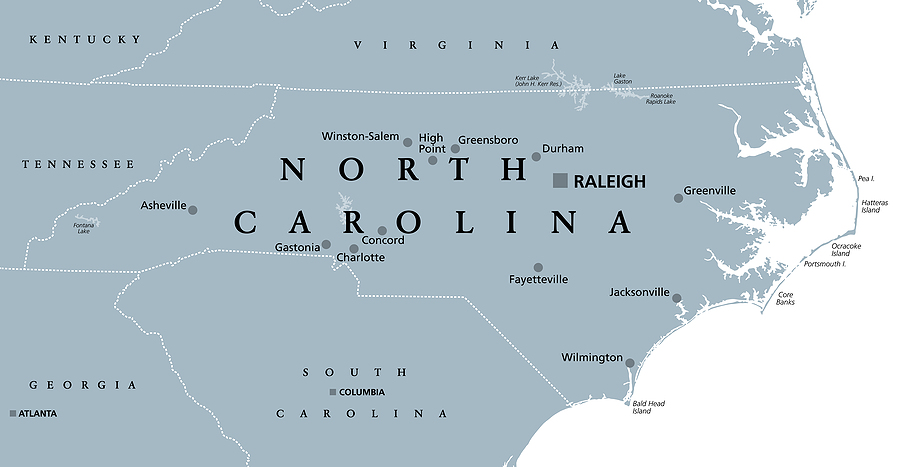 North Carolina, NC, gray political map. With capital Raleigh and largest cities. State in the southeastern region of the United States of America. Old North State. Tar Heel State. Illustration. Vector